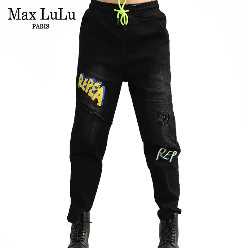 Max LuLu 2022 Spring Women Elastic Design Loose Vintage Jeans British Style Letter Casual Ripped Denim Pants Punk Harem Trousers