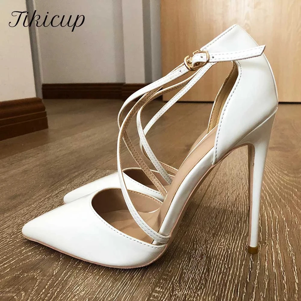 Tikicup Women White Glossy Patent Cross Strap Stiletto Pumps Pointed Toe D'Orsay High Heels for Ladies Wedding Party Shoes