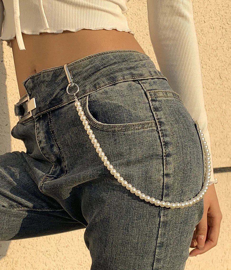 Simple Imitation Pearl Waist Chain Men Vintage Gold Color Metal Beads Beaded Jeans Key Wallet Chain Girls Fashion Jewelry