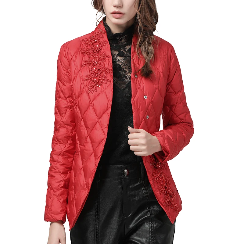 Fashion Women 2020 Winter Down Jacket Red Slim Beaded Short Duck Down Coat Warm Thickened Lightly Top Korean Casual Down Jackets