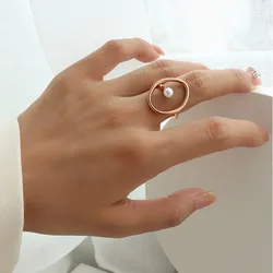 Big circle pearl statement rings for women stainless steel cocktail rings simple elegant dainty trendy women jewelry 2021