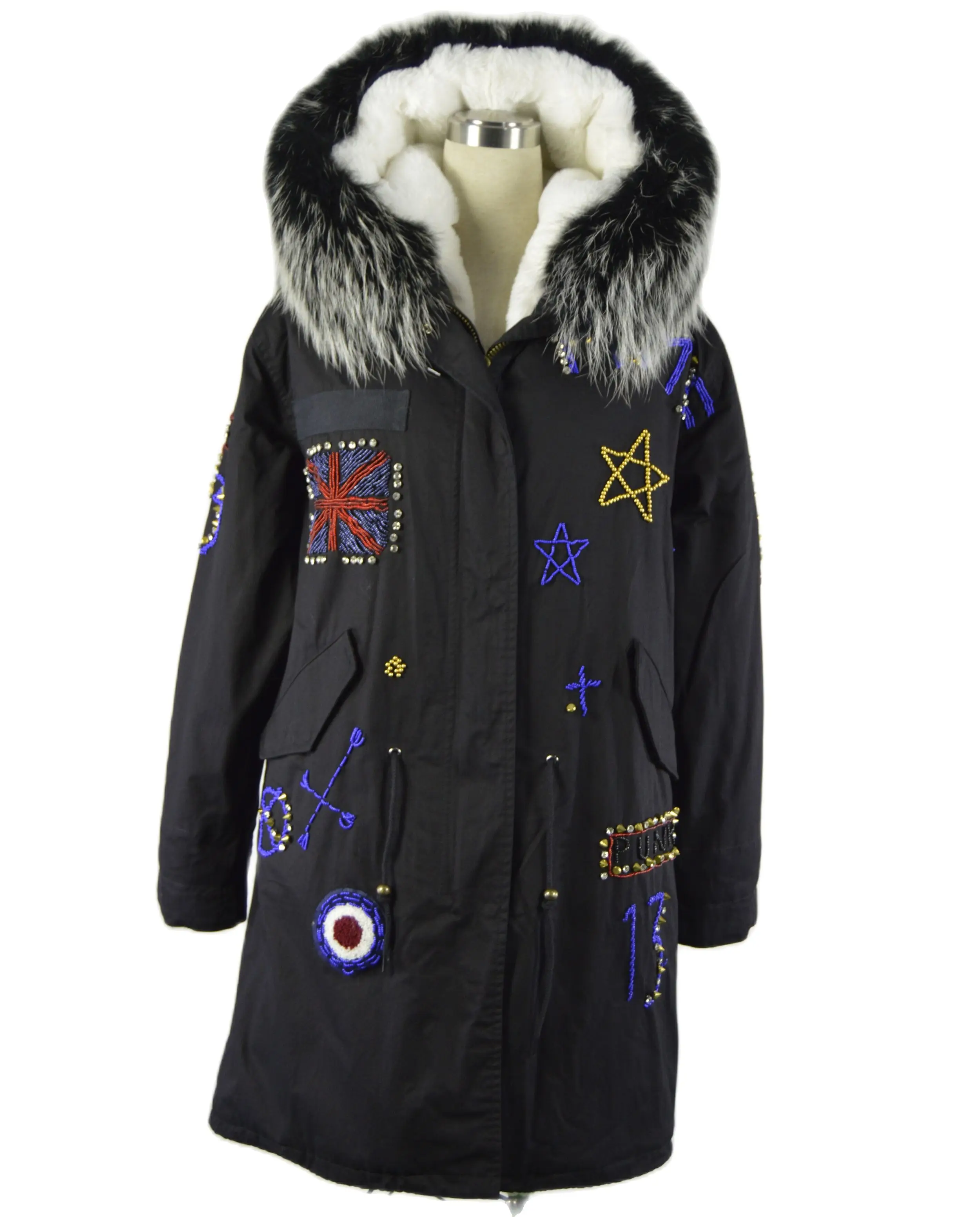 UK Style Inwrought Long Winter Parka Black Outer Shell With White Faux Fur Lining Raccoon Fur Collar