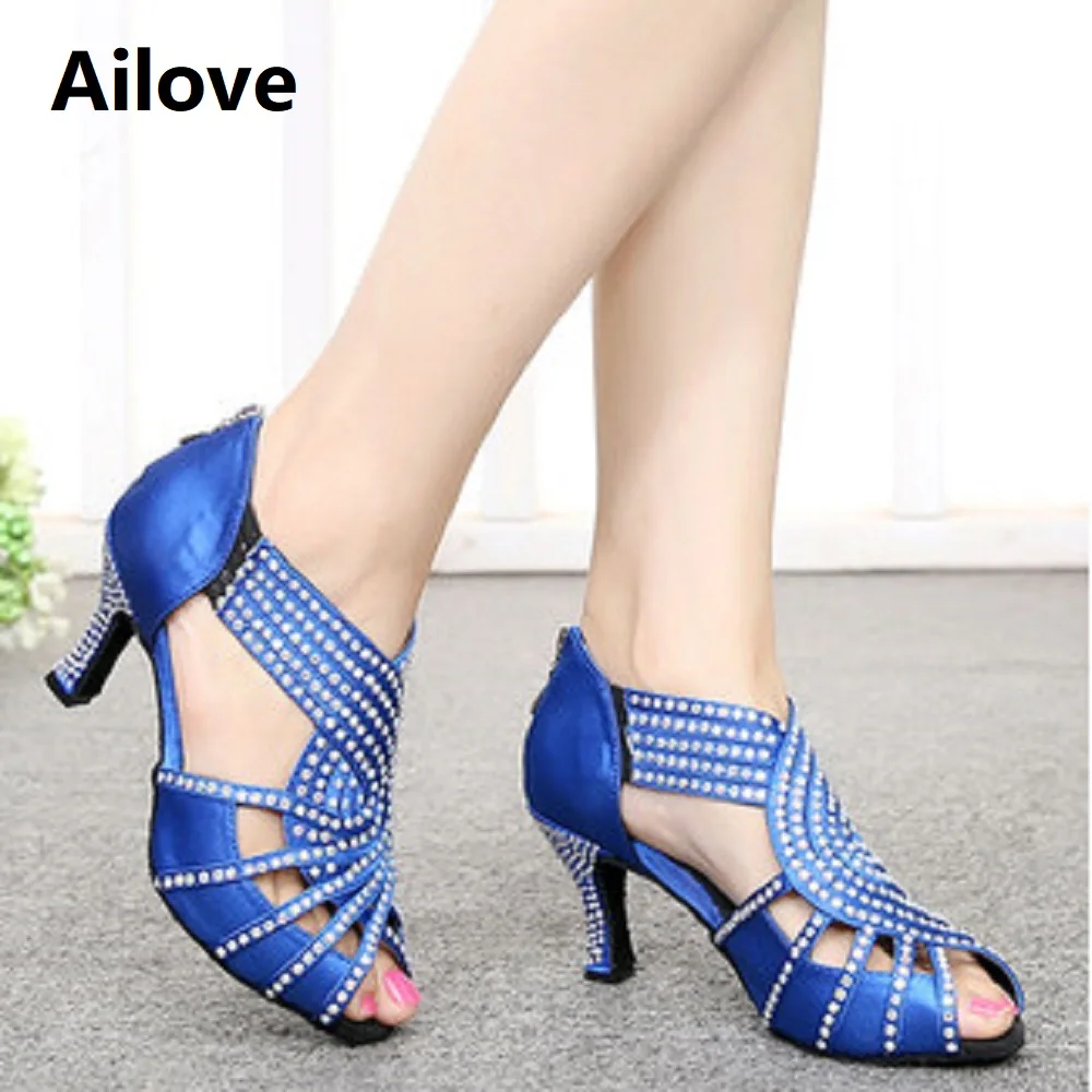 Rhinestones Ballroom Latin Dance Shoes Women Salsa Rumba Performance Peep-toe Danc Sandals Multiple Heel Height ALS035