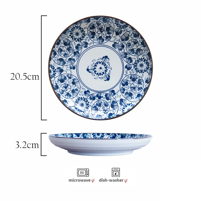 8 inch Japanese Dinner Plate Blue and White Ceramic Dinner Dishes Lotus Orchid Design Dinnerware Steak Pasta Dishes