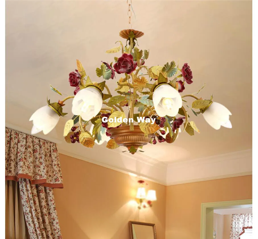 Imagem -06 - Lustre Europeu com Design Floral D70cm 6l Iluminação de Vidro Sombra de Rosa para Sala de Estar Pendurado Luzes para Quarto