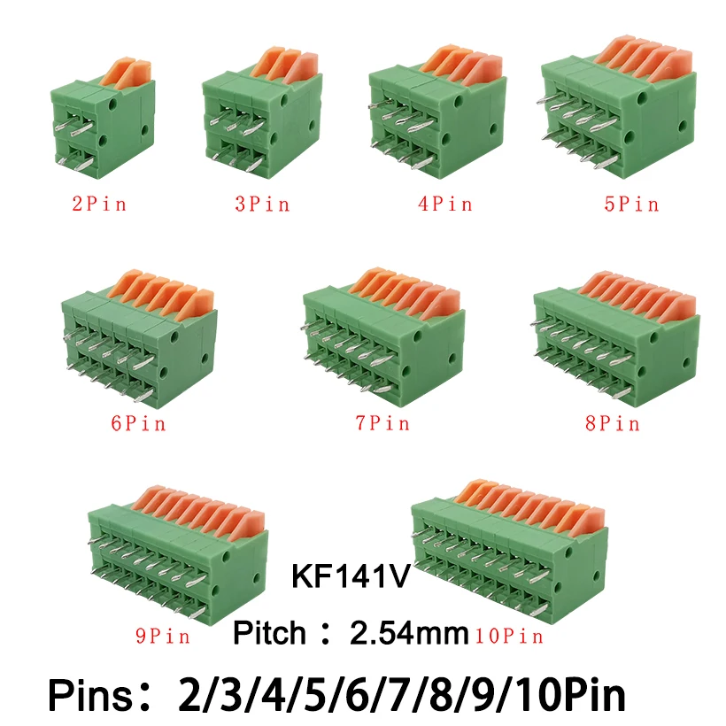 5Pcs KF141V 2.54mm Pitch  Green PCB Bent Foot Connectors 2/3/4/5/6/7/8/9/10 Pin Spring Screwless Terminal Blocks