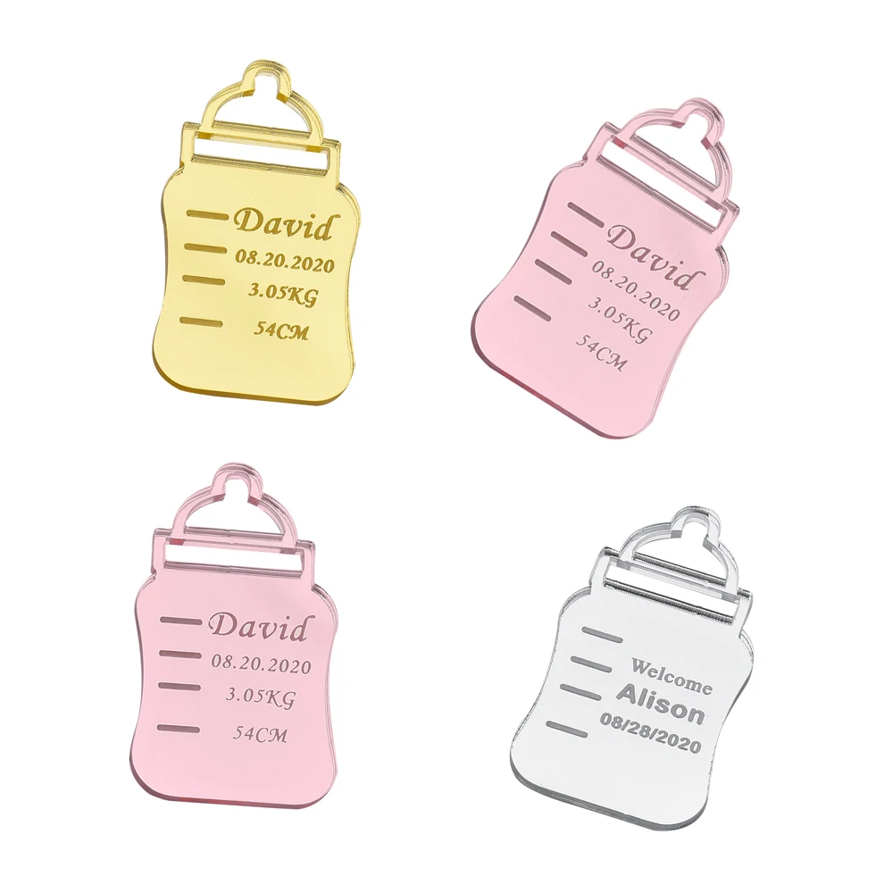 Personalized Engraved Mirror Tags for Baby's Bottle, Name Lettering, Name Tags, New Born Decor, Baby Shower Favor, 50 Pcs