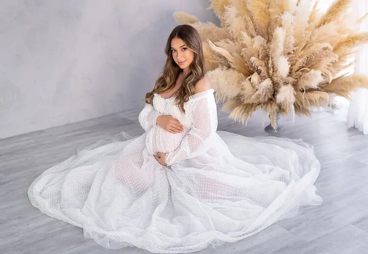 Vestido de maternidad blanco sin hombros para sesión de fotos, camisón de manga larga para fotografía, vestidos de tul para mujeres embarazadas