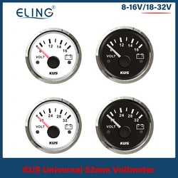 KUS 52mm Car Boat Battery Voltage Gauge 8-16V 18-32V 9-32V Voltmeter Voltage Indicator Red Yellow Backlight Waterproof 12V 24V