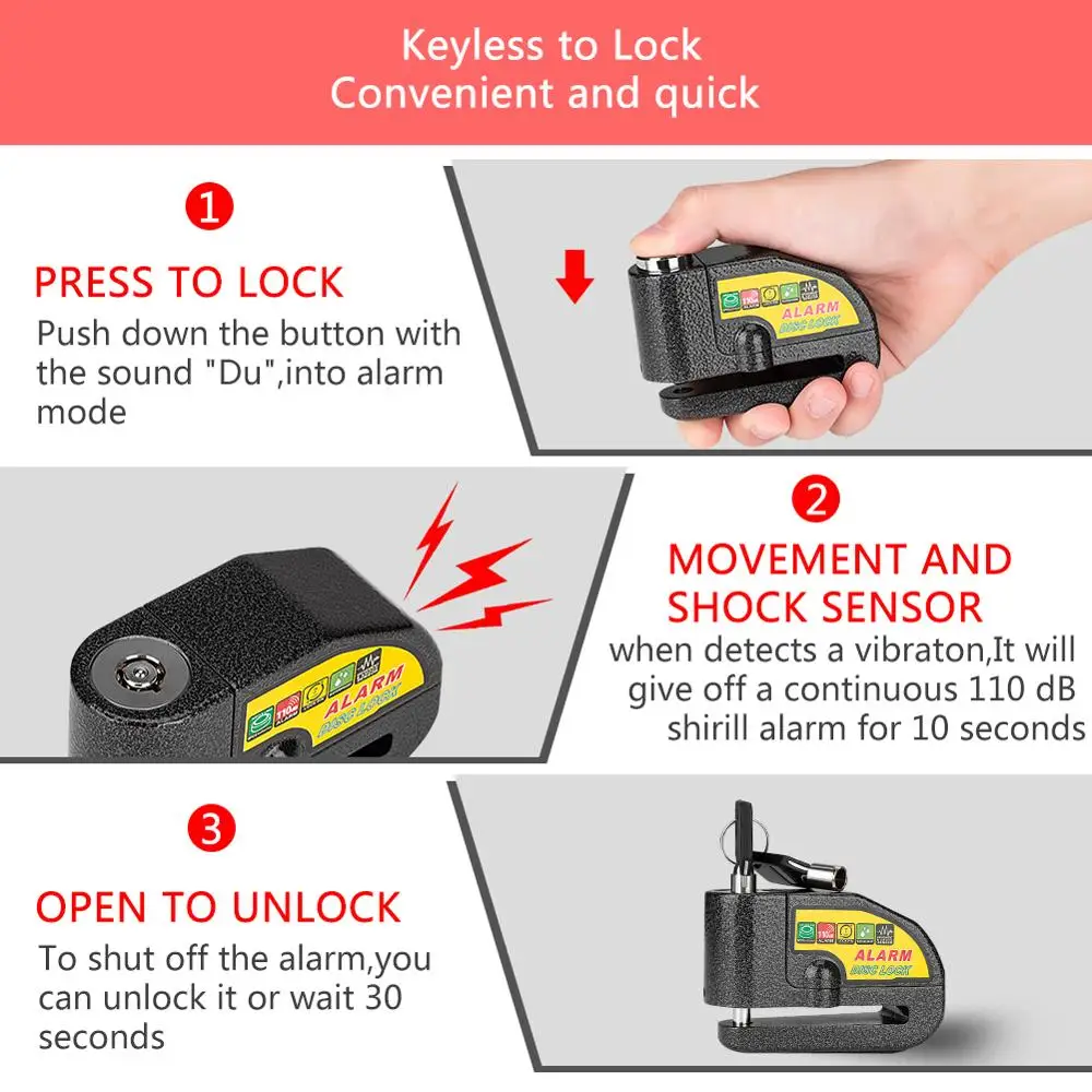 D2 Motorcycle Bike Light Alarm Sound Lock Motorcycle Disc Brake Lock 110db Loud Security Waterproof Bicycle Lock +Reminder Rope