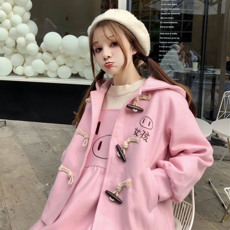 Autumn and winter sweet cute pig pink embroidered woolen coat vest dress two-piece suit female 2019 new