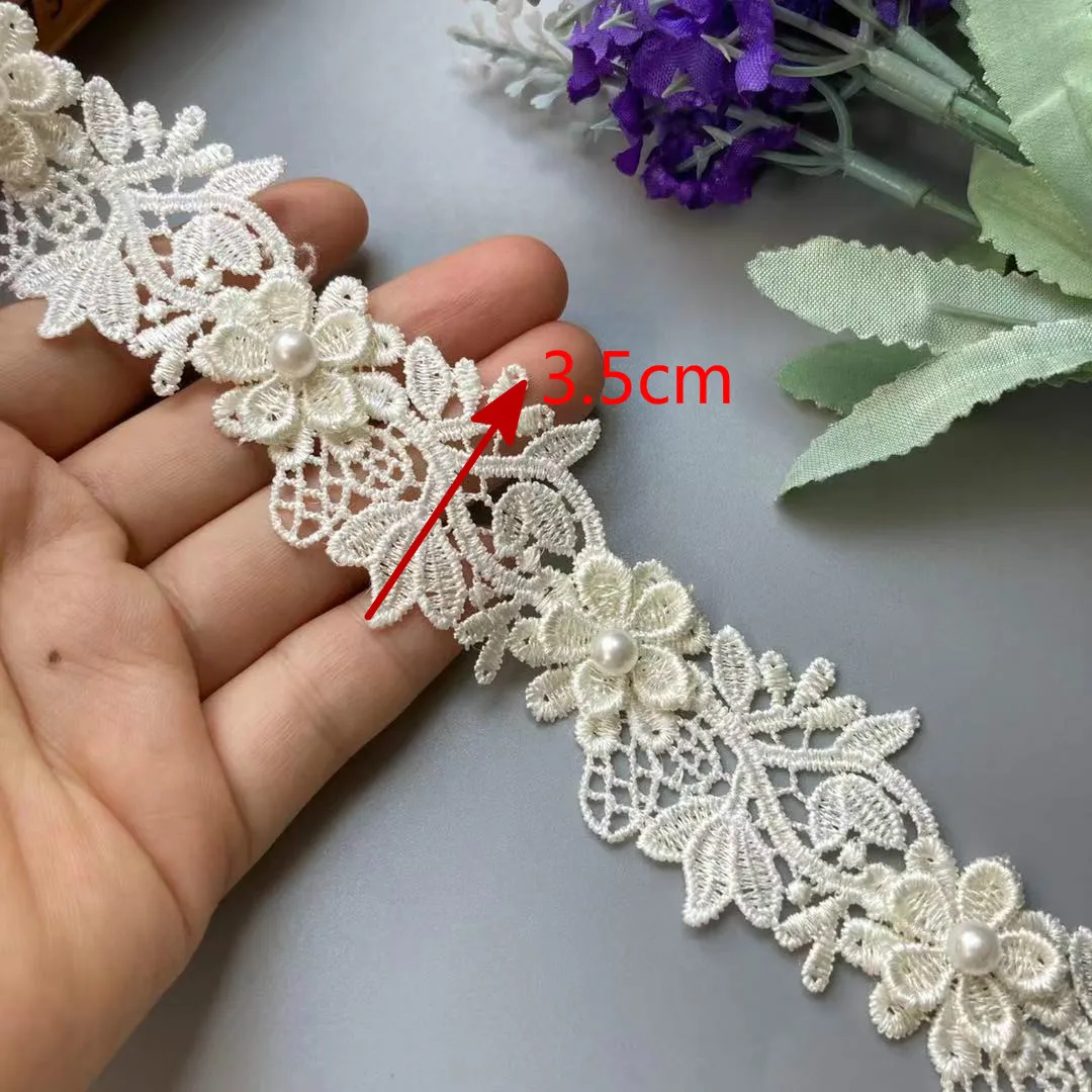 

1 Yard 35mm Ivory Lace Trim Ribbon Soluble Pearl Flower Embroidered Fabric Handmade For Costume Sewing Supplies Craft Decoration