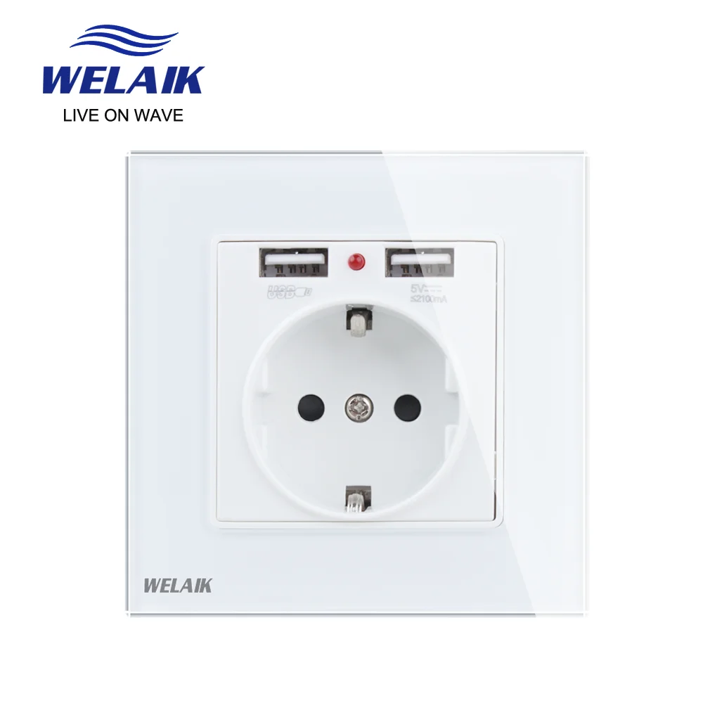 WELAIK Tempering-Glass-Panel EU Wall-Power Socket-and 2USB Power-Socket  UK-Standard B18E2USW