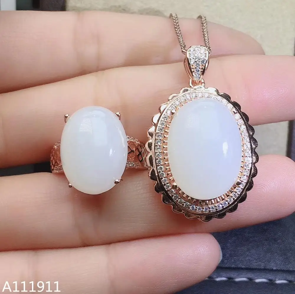 

KJJEAXCMY fine jewelry 925 sterling silver inlaid Natural White jade pendant ring exquisite ladies suit support detection trendy