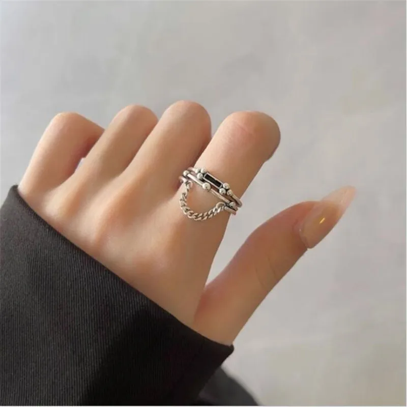 New Retro Multilayer Black Rectangular 925 Sterling Silver Jewelry Personality Geometric Domineering Chain Opening Rings TYB031