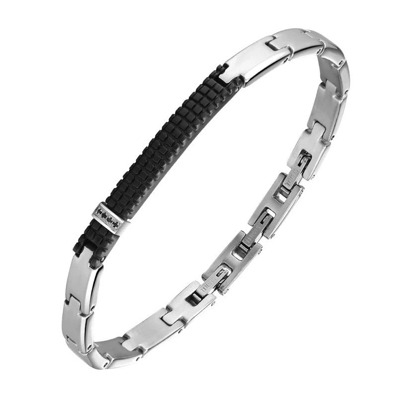 Moocare Fashion Black Fine Bend Brand Inlaid Black Zircon Stainless Steel Men's Bracelet