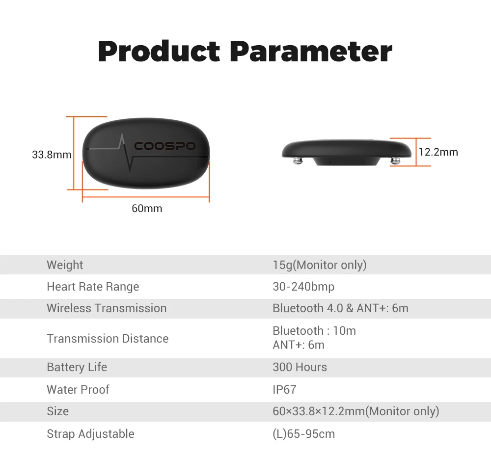COOSPO H6M Brust-Herzfrequenzmesser-Gurt Bluetooth 4.0 ANT+ Herzfrequenzsensor Wasserdicht für Garmin Wahoo – Detail 8