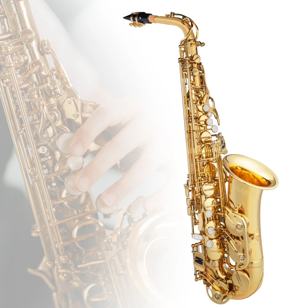 NAOMI Saxophone Eb Alto Saxophone Brass Gold Lacquered E Flat Sax 802  F Key With Cleaning Brush Cloth Gloves Strap Padded Case