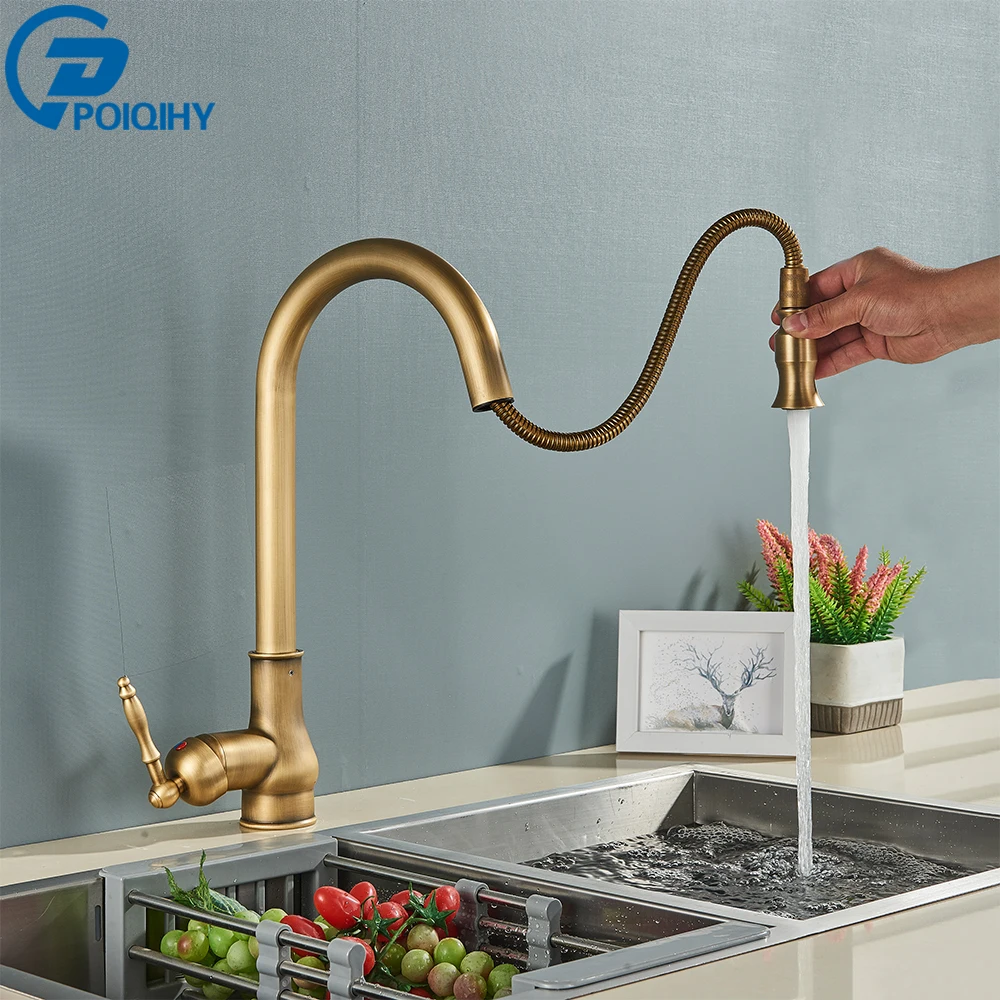 POIQIHY Antique Brass Kitchen Faucet Pull Out Bathroom Kitchen Mixers Single Handle Pull Down Cold Hot Water Tap Deck Mounted