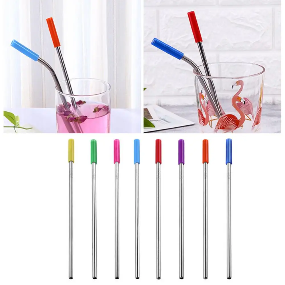 50%HOT4-Pack Reusable Silicone Tips Stainless Steel Straight Bend Smoothie Straws with Brush Rod Cocktail Straws Bar Drinking Ac