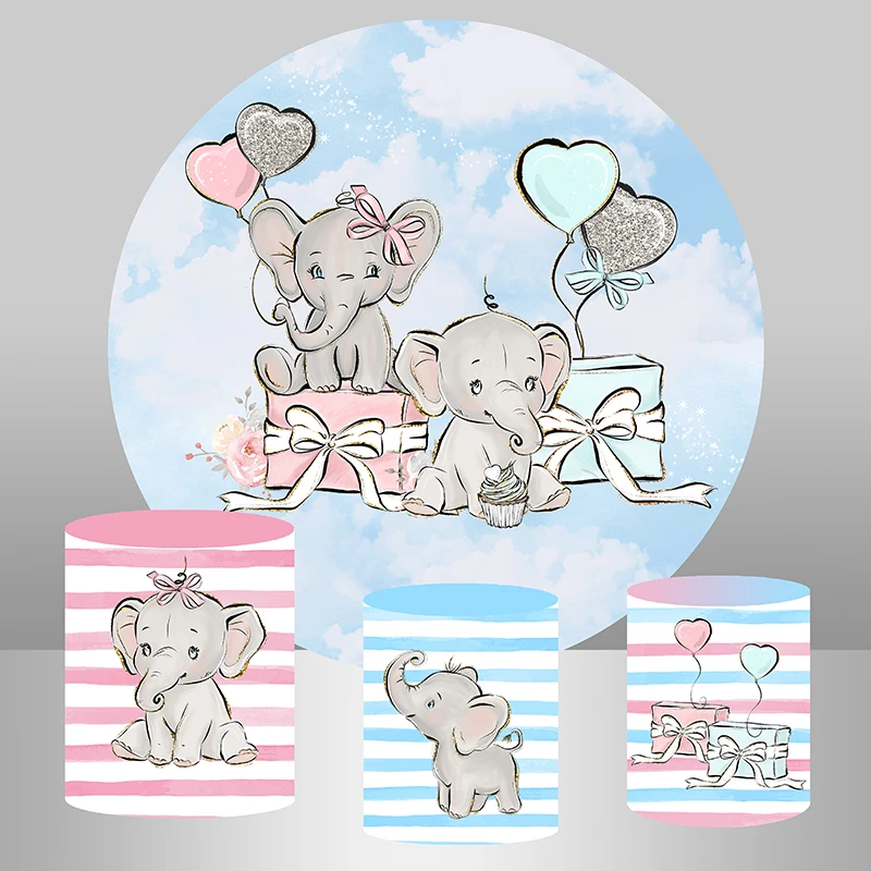 Gender Reveal Circle Background Baby Shower Elephant Round Backdrop Newborn Birthday Party table Banner Plinth Covers