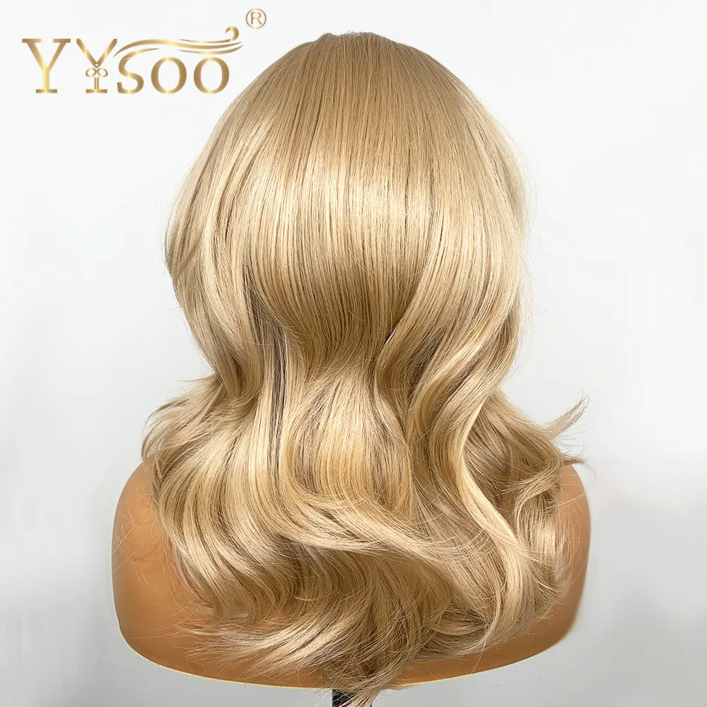 Yysoo 13X6 Synthetische Lace Front Pruik Korte Golf Blonde Lijmloze Pruik Futura Japan Hittebestendige Vervanging Pruik 103 Kleur 14inch