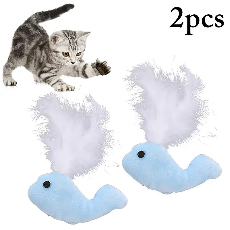 Dorakitten 2Pcs/Set Bite Resistant Cat Chew Toys Dolphin Shape Fake Feather Decor Kitten Toys Plush Cat Toys Pet Supplies