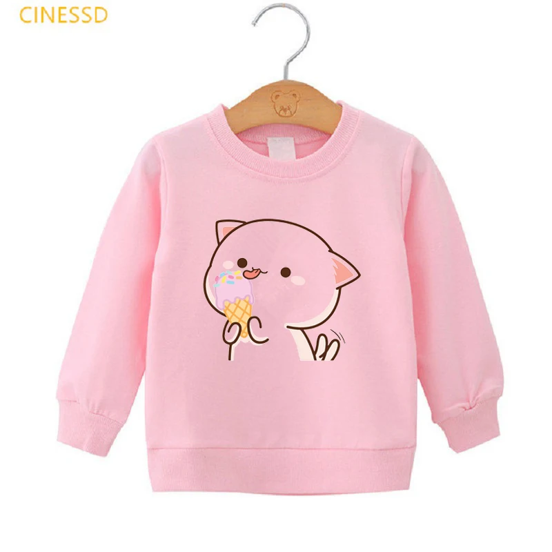 Cute Cartoon Couple Cat Print Sweatshirt Girls Kids Plus Velvet Top Pink Winter Children's Clothes Pullover Drop Ship