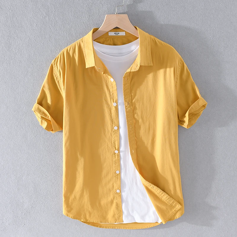 New design solid comfortable yellow shirts men brand fashion casual shirt for men cotton camiseta overhemd chemise