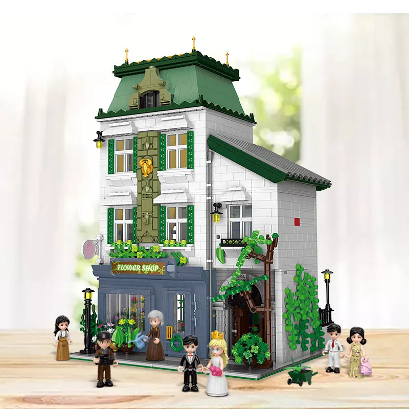 The New Europa Style Series high-tech Building Blocks European Town Romantic Flower Shop House Model Bricks Toys