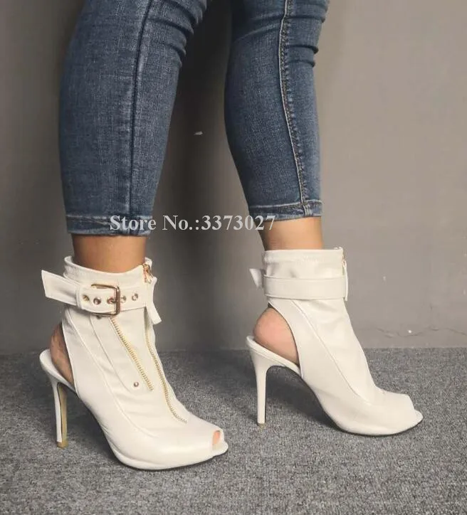 New Peep Toe Black Leather Lady Short Boots Fashion Zipper Decor Slingback Stiletto Heel Women Ankle Boots Dropship Shoes