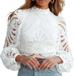 Women Sexy Lace Blouse 2021 Spring Elegant Stand Collar Design Top Hollow Out Petal Sleeve Shirt Office Lady Casual Blusa