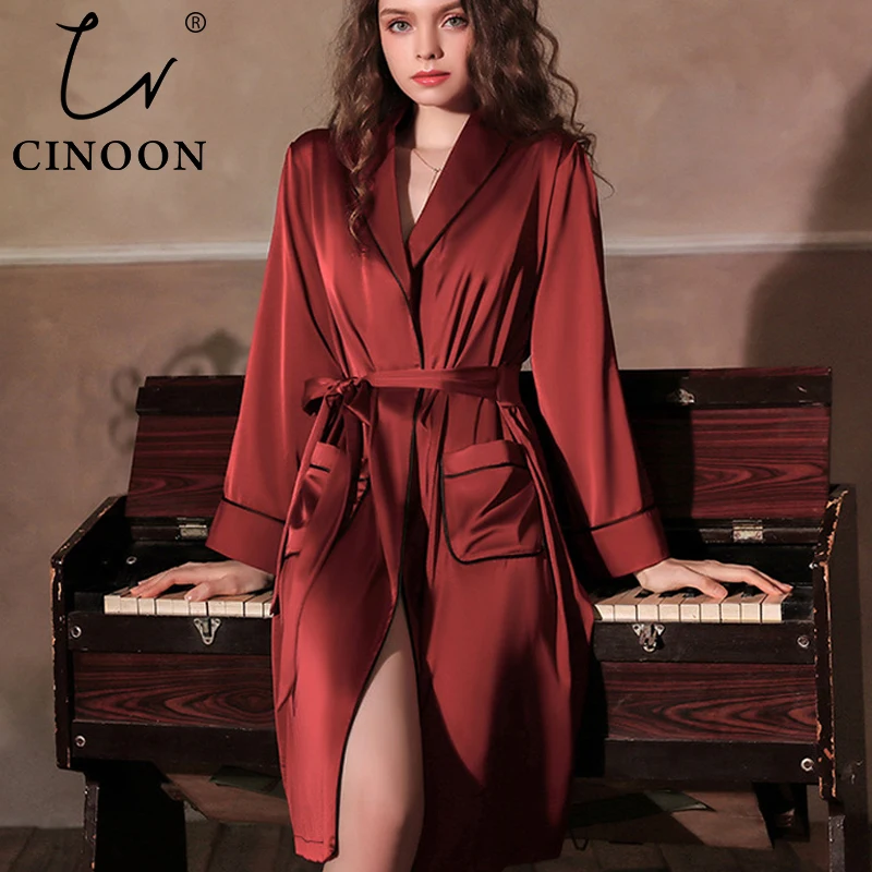 CINOON Satin Robe Female Intimate Lingerie Sleepwear Silky Bridal Wedding Gift Kimono Bathrobe Gown Nightgown Sexy Nightwear