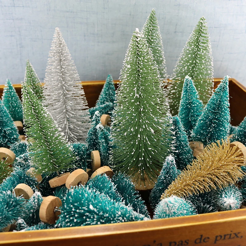 12PCS Mini Christmas Tree Set Sisal Artificial Pine Trees With Wooden Base Desktop Tree Pine Needle Flocking Stained White Cedar