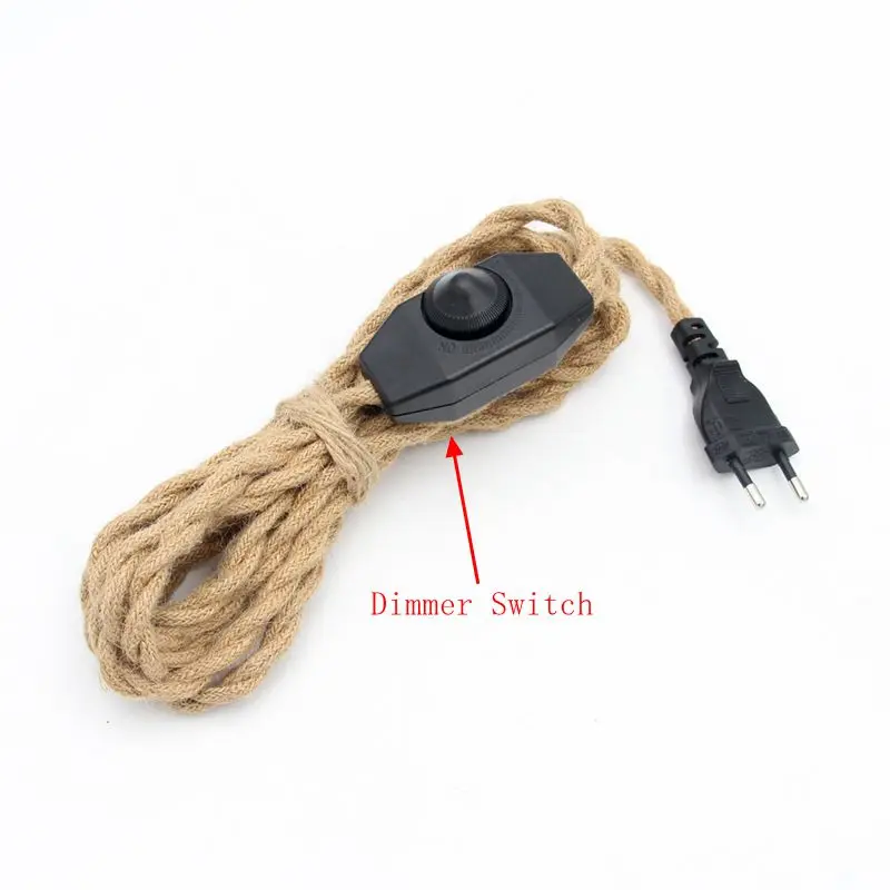 220V AC Euro Plug Power Cord Vintage Hemp Jute Rope Braided Covered With On/off  Switch 2 Meters Long For Wall Lamp Cords Cable