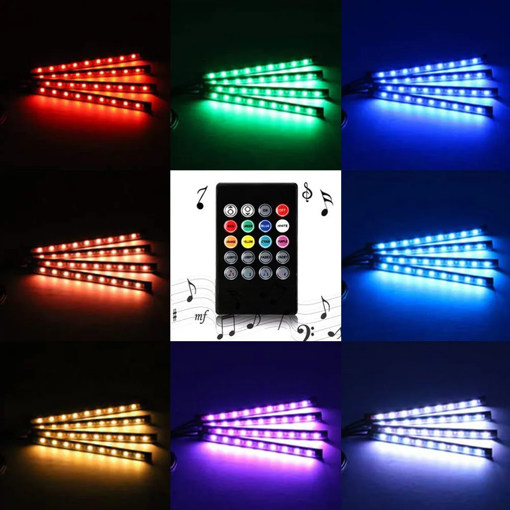 4 Stuks Led Rgb Onder Kast Licht 12V Afstandsbediening Muziek Controle Auto Interieur Lamp Waterdicht Sfeer Flexibele Light Party decor