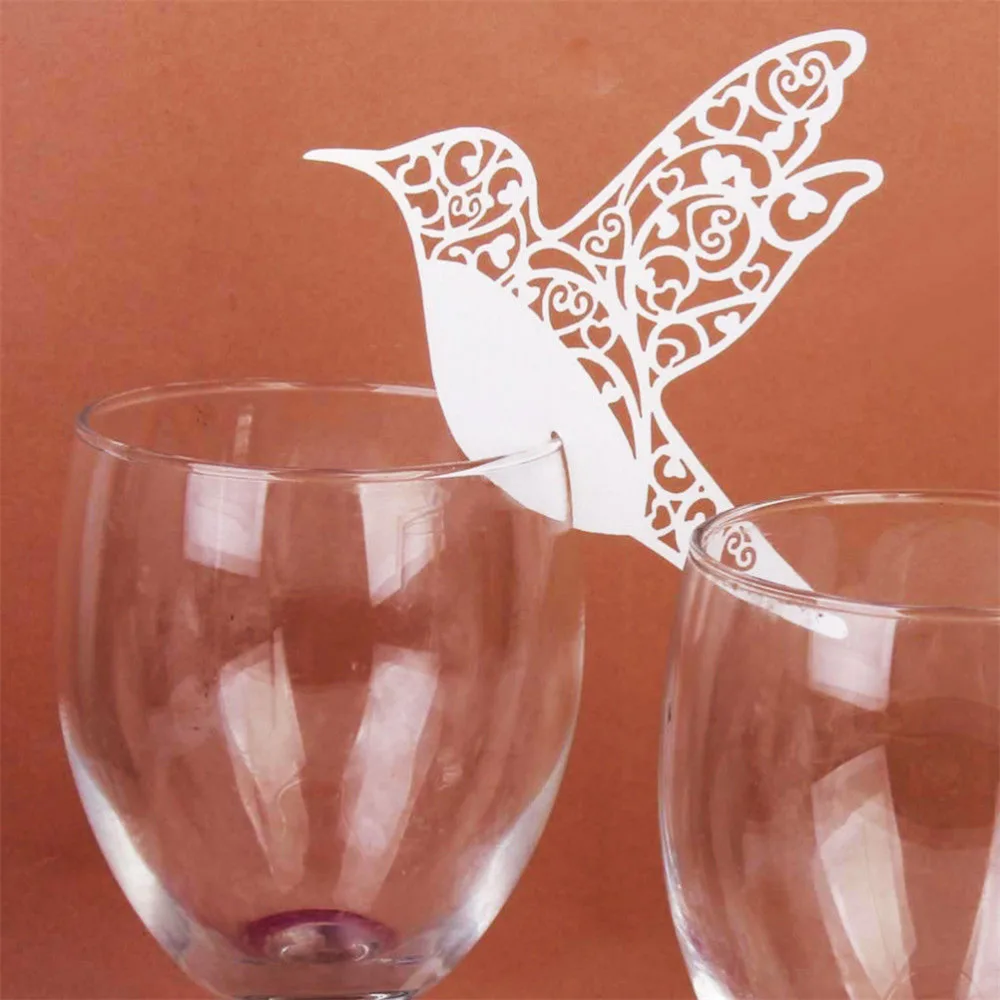 50pcs DIY Place Card Flying Birds Cups Glass Wine Wedding Name Cards Laser Cut Pearlscent Paper Cards Birthday Party Decoration