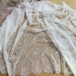 110x300CM Per Piece Subtle Eyelash Lace Fabric Ivory Shade Dots Design Chantilly Lace 3 Meters Long