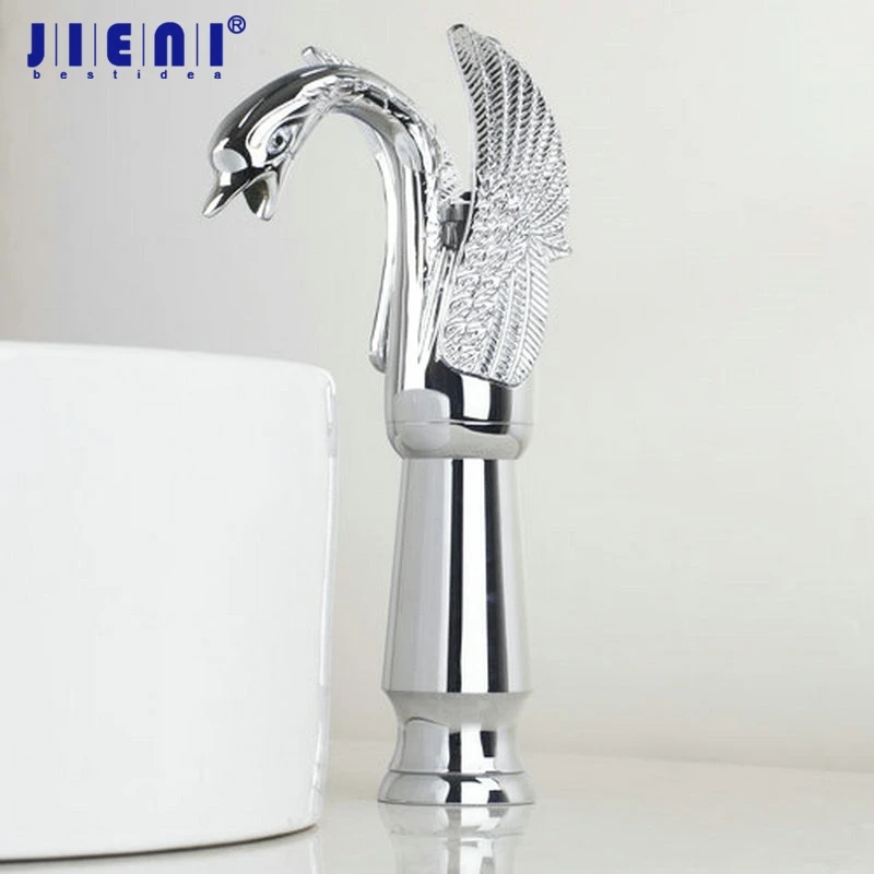 

JIENI Golden Plated Swan Bathrooom Faucet Tall Waterfall Chrome Polish Deck Mounted Wash Basin Sink Soild Brass Faucet Mixer Tap