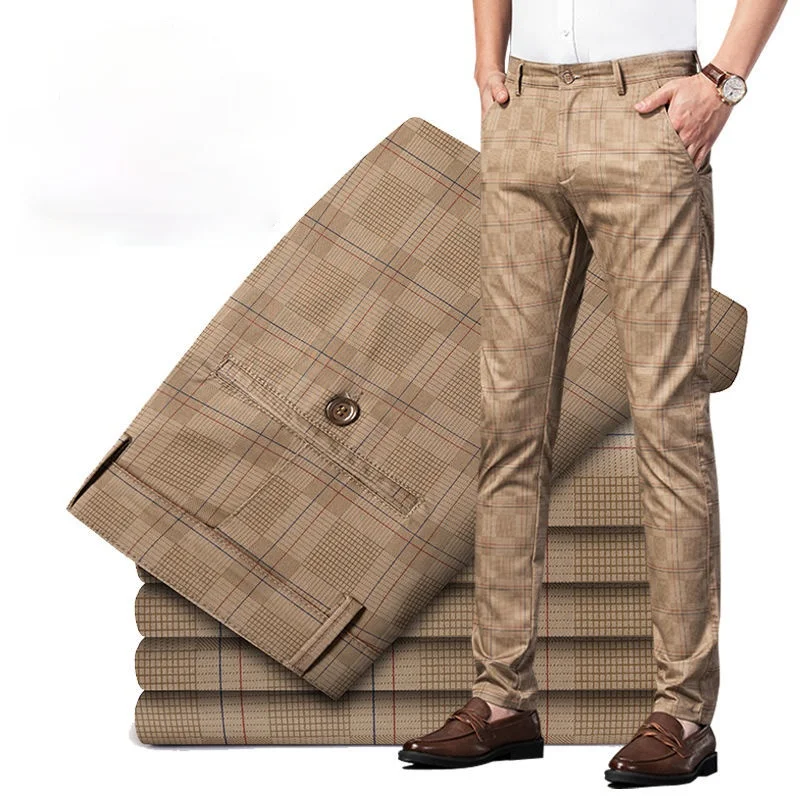 2022 Spring Summer Casual Pants Men Fashion Korean Streetwear Men\'s Straight Slim Fit Pants Trousers Black Plaid Suit Pants Men