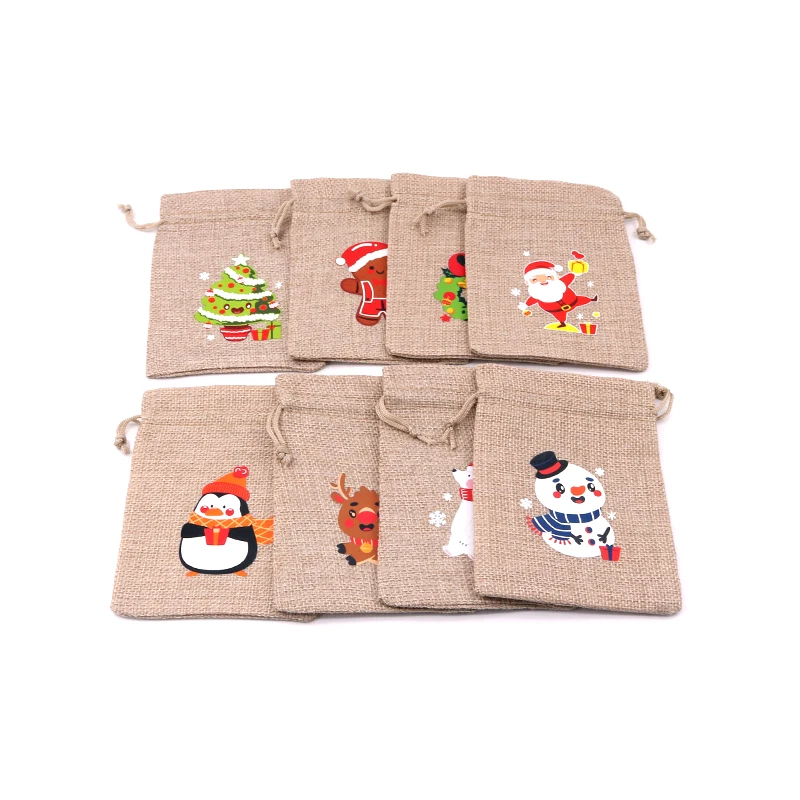 5pcs Jewelry Packaging Gift Jute Bag 10x14cm Burlap Drawstring Flax Candy Pouches Snow Man Printing Linen Bag Pouches