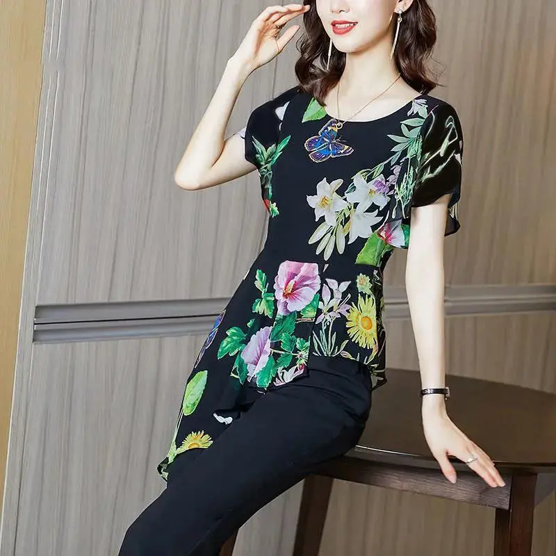 Suit Female Fashion Summer Pantsuits 2 Piece Woman Set Elegant Chiffon Print Irregular Top & Flare Pants Office Lady Clothes