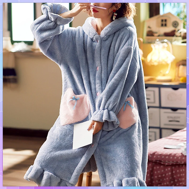 

Kawaii Women's Pajamas Suit Thicken Sleepwear Coral Fleece Pajama Robes Woman Winter Bunny Hooded Home Clothes Pocket Loungewear