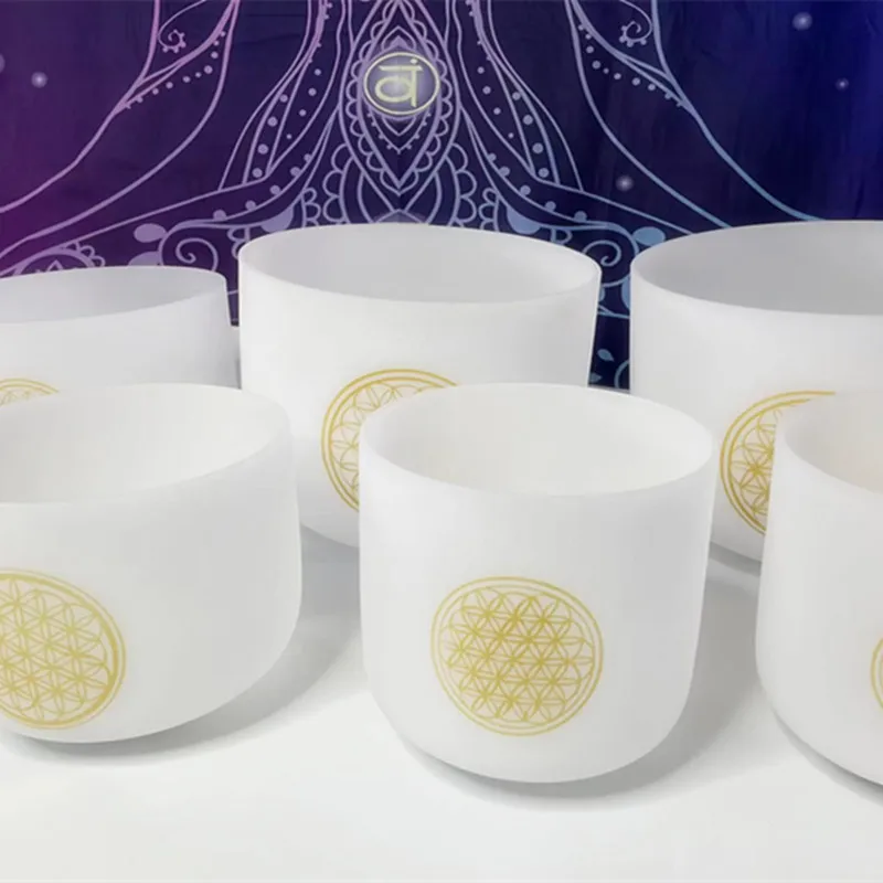 

432hz 12" Chakra Frosted Quartz Crystal Singing Bowl with Flower of Life for Sound Healing