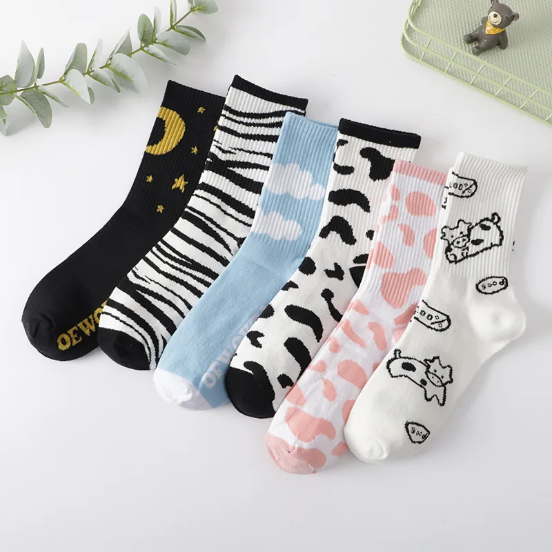 Cartoon Cow Stripe Trend Female Socks Japanese Korean Style Lovely Fresh Breathable Comfortable Sock Girls Spring Autumn Fashion