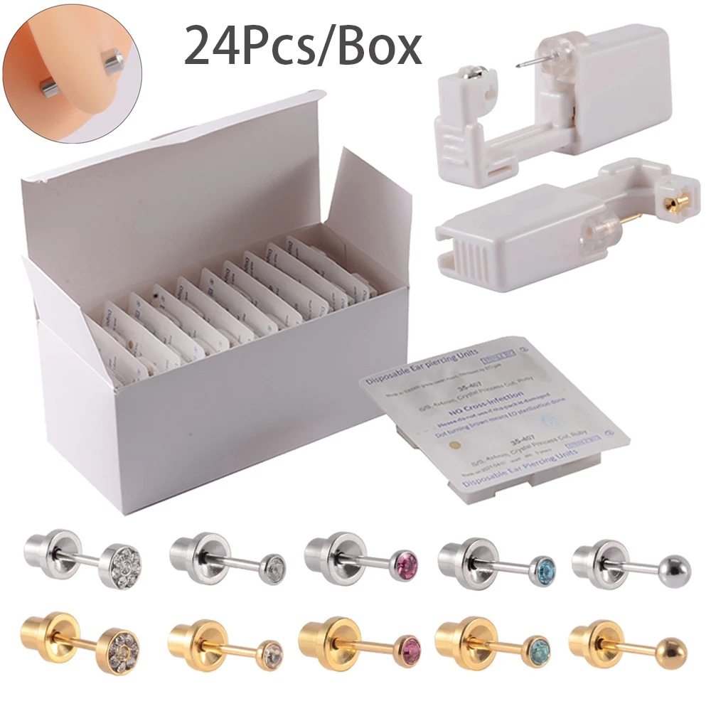 

24pcs/Box NO PAIN Piercer Tool Machine Kit Stud Disposable Sterile Ear Piercing Unit Cartilage Tragus Helix Piercing Gun Jewelry