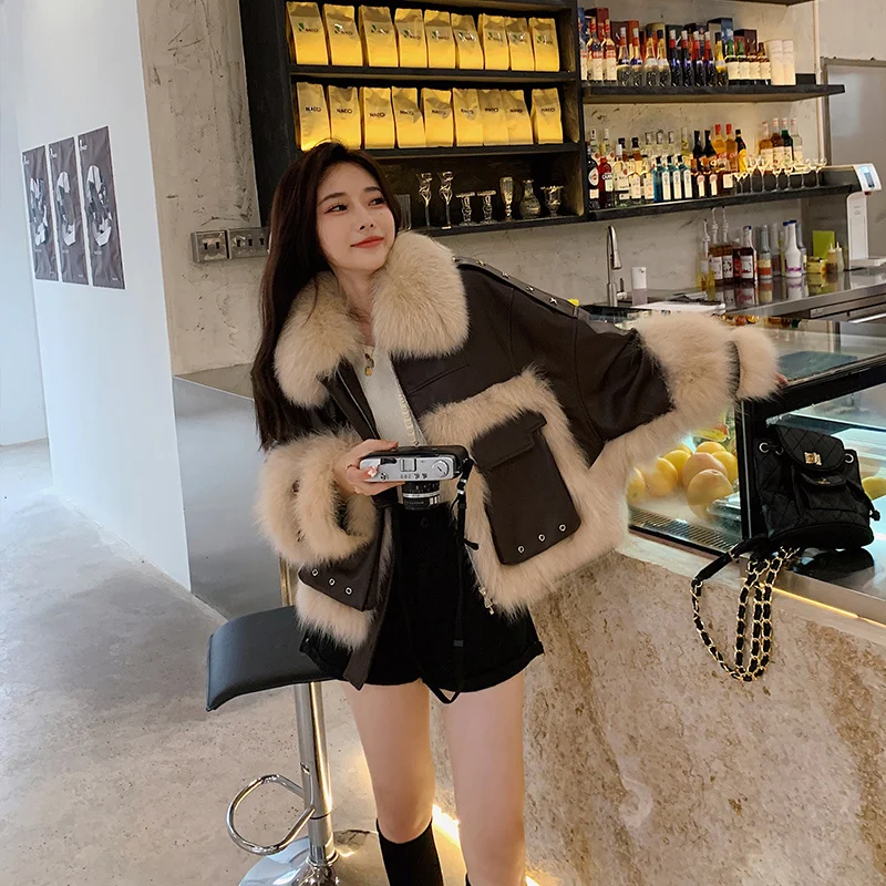 Women Winter Fox Fur Collar Warm Outwear Streetwear Luxury Real Fur Spliced Sheepskin Jackets Brand Loose Office Short Overcoat