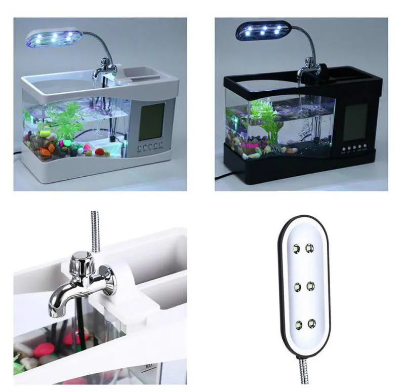 USB Mini Aquarium Fish Tank Desktop Electronic Fish Tank Decoration With Water Running LED Pump Light Calendar Clock White&black