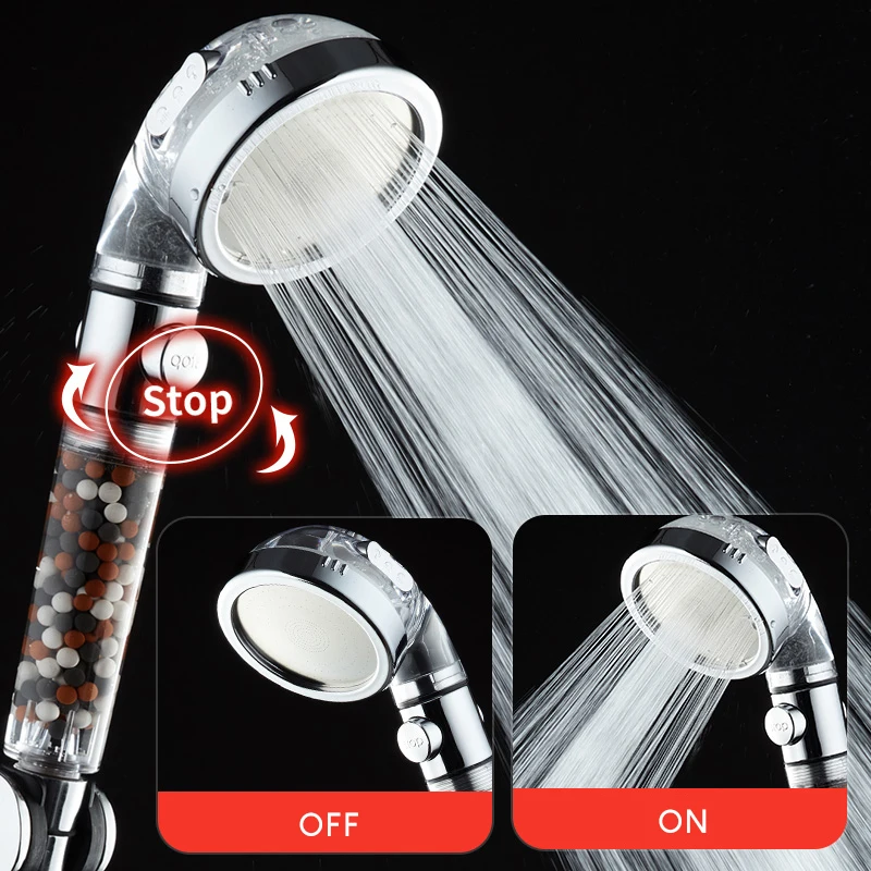 3 Modes Adjustable Shower Head High Pressure Water Saving Tourmaline Balls Filter SPA Switch Button Spray Bathroom Accessories