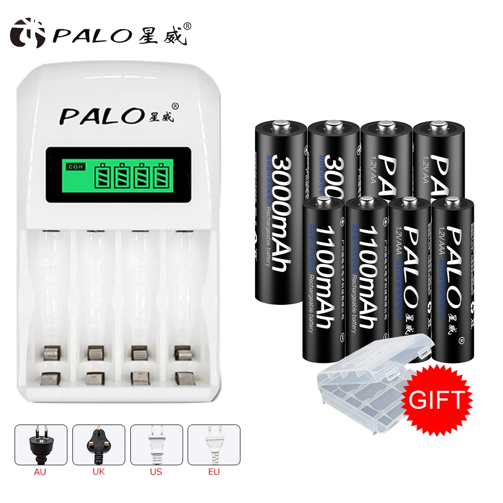 

PALO 1.2V Ni-Mh AA AAA Rechargeable Battery + 4 Slots Fast Intelligent LCD Battery Charger For AA / AAA NiCd NiMh Batteries